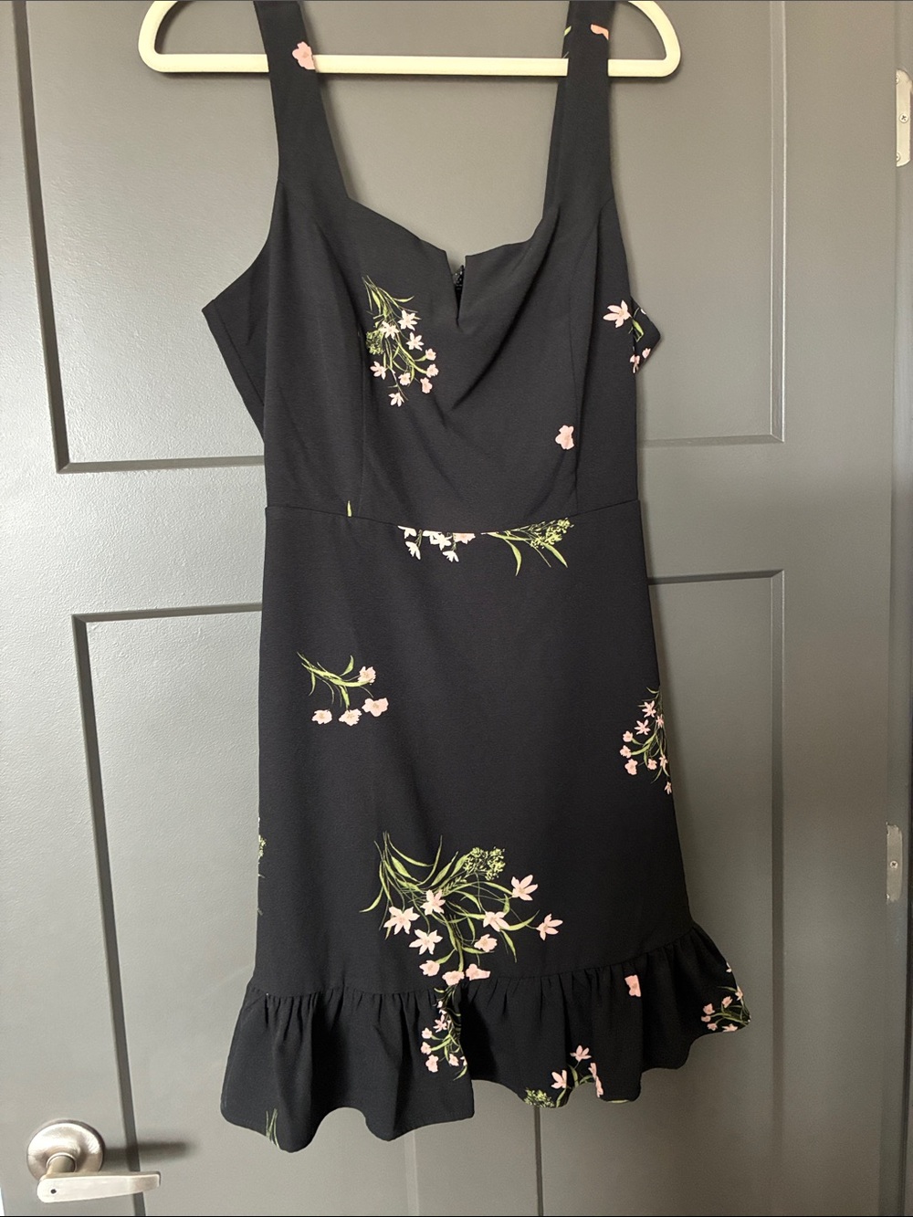 41 Hawthorn Black Mini Dress with Pink Floral & Green Leaf Print